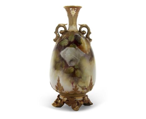 A Royal Worcester vase of lobed shape, finely painted with roses, signed by R Austin, with gilt highlights to handles and bas