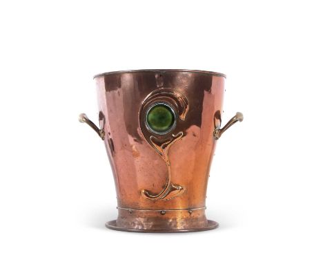 An Arts &amp; Crafts style copper two handled bucket or planter mounted with ceramic panels and abstract design, apparently u