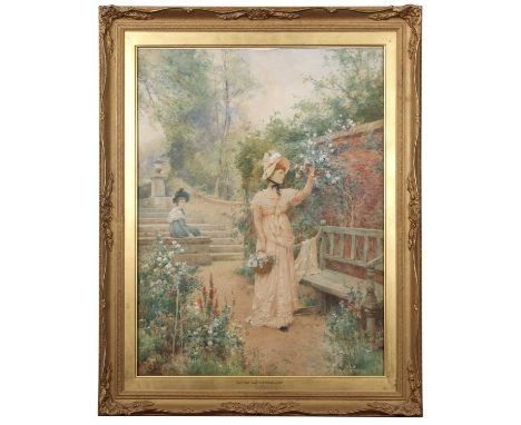 Alfred Augustus Glendening Jr (British, 1861-1907) a watercolour of a lady in a garden picking flowers by a park bench with h