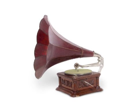 A Monarch Gramophone by The Gramophone &amp; Typewriter Ltd with maroon morning glory horn of early pattern, gooseneck tone-a