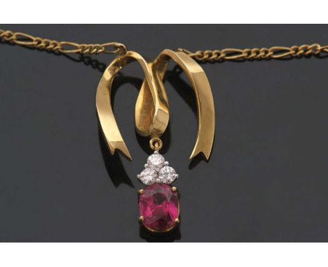 A ruby and diamond pendant necklace, the oval ruby, approx. 6.1 x 8.0 x 4.0mm, in a four claw and surmounted with three round
