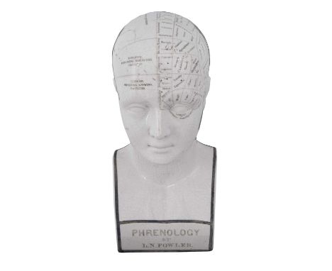 A LN Fowler ceramic phrenology head, late 19th Century, typically delineated with title to front and script to reverse with t
