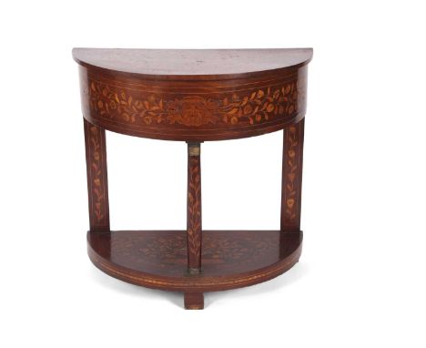 An early 19th Century Dutch demi lune box side table, the hinged top opening to reveal a lifting panel over a fitted tray and