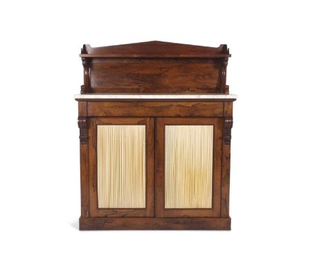 An early Victorian rosewood chiffonier with single galleried back shelf with scrolled supports over a white and grey veined m