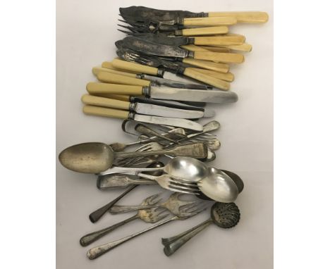 A quantity of vintage cutlery to include a bone handled fish set including servers by Mappin &amp; Webb.