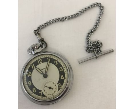 A vintage chrome cased Ingersoll pocket watch complete with watch chain and T bar. With subsidiary seconds hand and luminesce