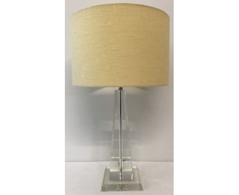 A modern Art Deco style crystal base lamp. Obelisk style with square cut base. Complete with cream shade.