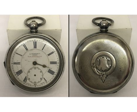 A vintage silver pocket watch by A Yewdall of Leeds. Non magnetic with white enamel face. With Roman Numeral markers and subs