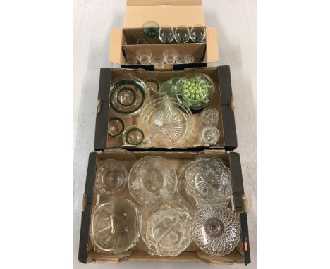 Three boxes of vintage glass ware. To include a silver topped posy vase, etched dessert wine glasses and a fruit set.