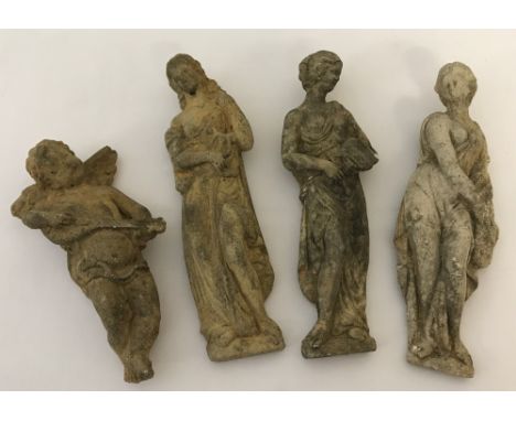 4 vintage sandstone wall hanging statues depicting classical ladies and a cherub.