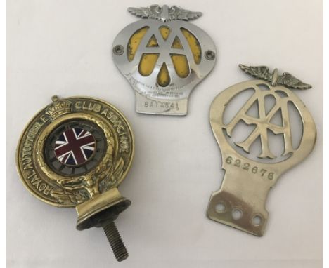 A brass pre war RAC car grill badge by Elkington &amp; Co together with 2 vintage AA car badges. RAC badge complete with orig