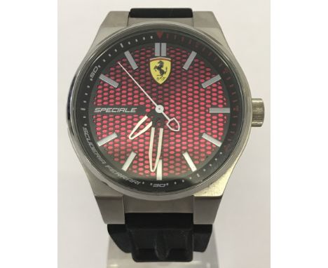 A men's Scuderia Ferrari Speciale wristwatch with black silicone strap. Black mesh overlay detail to face with seconds hand f