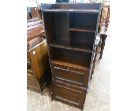 Early 20thC beaded oak combination shelf with fall front magazine rack 