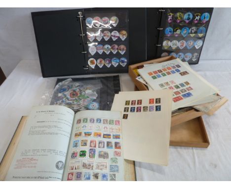 Commonwealth stamp album, loose stamps album of milk carton tops etc 