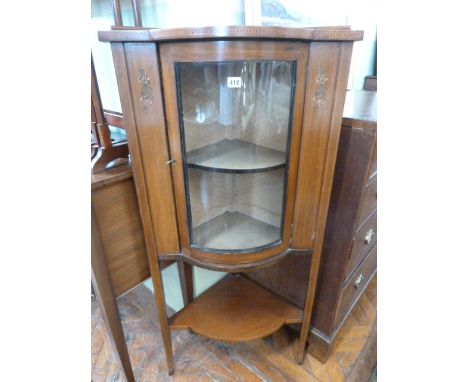 Edwardian inlaid mahogany quarter cylinder glazed corner display cabinet with bottom shelf 