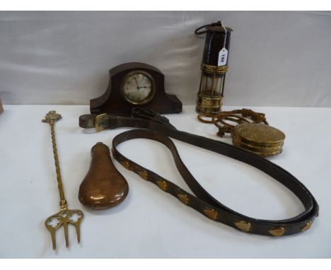 Brass miners lamp, oak case mantel clock, copper and inlaid brass powder flasks, strap, etc (6)