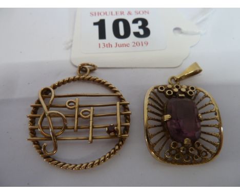 9ct Gold music scale pendant set with ruby and 9ct gold pierced pendant set with amethyst (2)