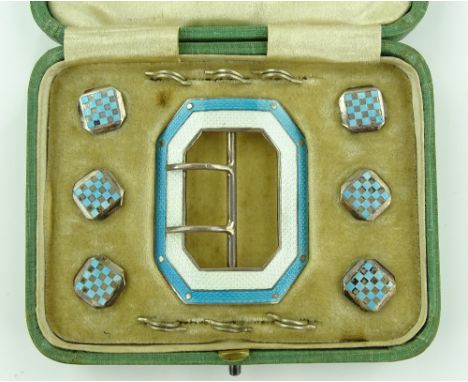 A cased set of silver blue and white enamel button and buckle set.
