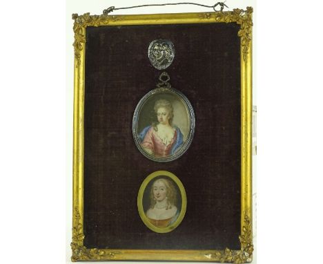 An 18th century miniature watercolour portrait of a lady, possibly Barbara Villiers, another 18th century miniature watercolo