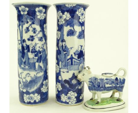 A pair of Chinese blue and white porcelain cylindrical vases, height 30cm, 4 character marks under and a Staffordshire potter