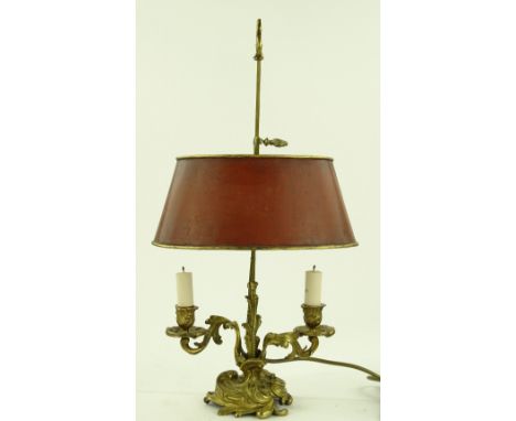 A late 19th century Rococo style ormolu twin branch table lamp converted to electric with painted metal shade, overall height