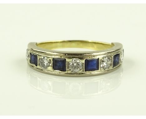 A sapphire and diamond half hoop ring, set with 6 sapphires and 5 diamonds, settings test as 18ct white and yellow gold, size