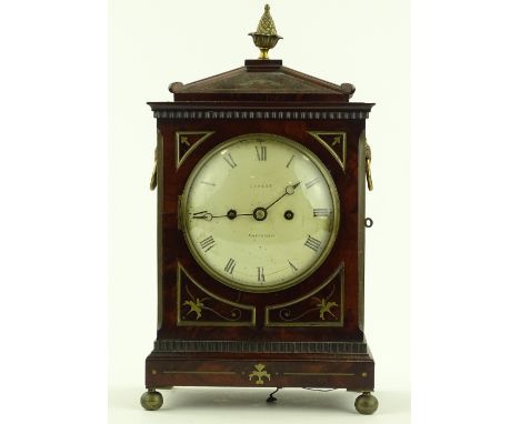 An early 19th century mahogany cased 8-day bracket clock by Jonathan Carley of Thetford, 6" painted dial with brass marquetry