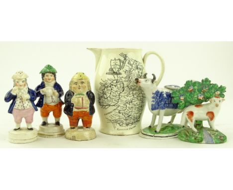 A group of Staffordshire china, including a transfer jug with Armorial Crest and map of Great Britain and Ireland, height 18c