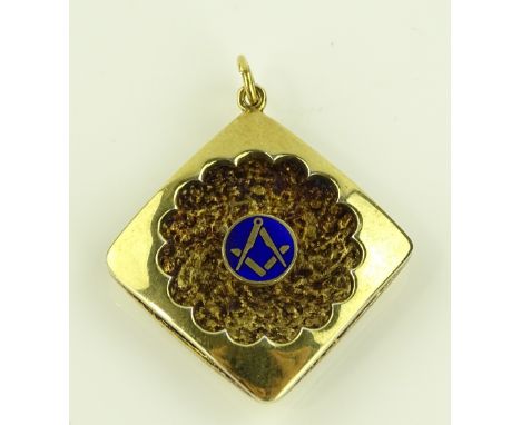 A square silver gilt Masonic pendant, with recessed enamel emblem, height excluding bale 33.7mm, 14g.