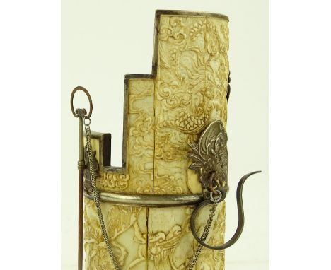 A 19th century Oriental relief carved bone mounted opium pipe, height 19cm.