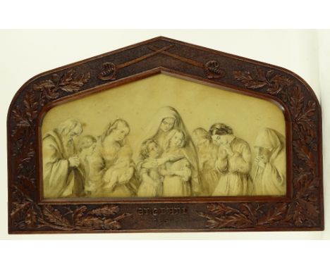 A mid 19th century watercolour Commemorating The Charge of The Light Brigade, depicting a group of figures and children in mo