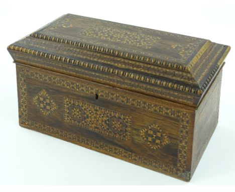 A Victorian Tunbridgeware tea caddy, allover parquetry inlay and beaded mouldings with fitted inner caddies.