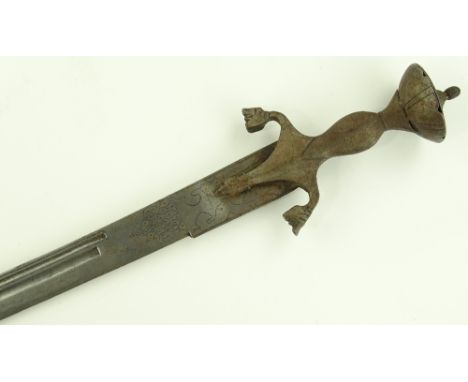 A 19th century Middle Eastern curved sword with steel hilt and engraved blade (no scabbard).