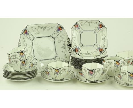 A Shelley Queen Anne pattern tea service, peach and grape designs, comprising pair of square serving plates, cream jug and su