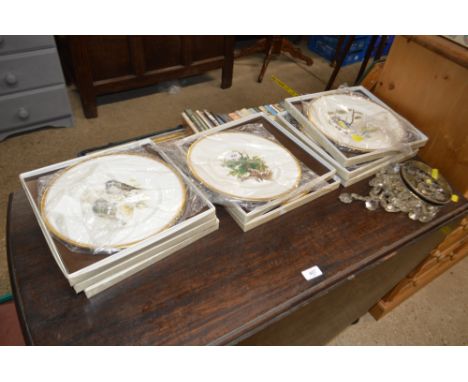 Eight Coalport cabinet plates decorate with birds, three AF; together with a small glass and brass chandelier