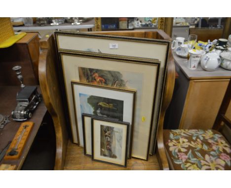 Six various coloured prints relating to hunting and another of a pheasant 
