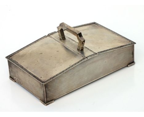 A silver two-division rectangular silver table top cigarette box with sandalwood interior and engine turned decoration, Birmi