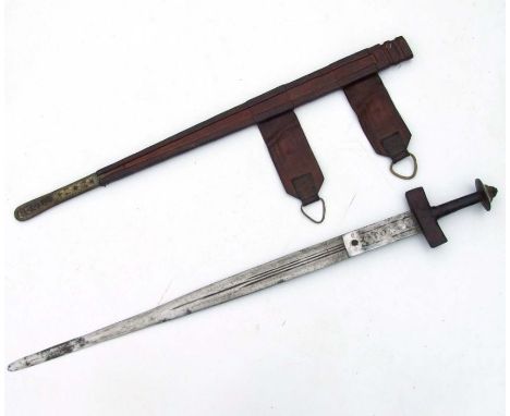 A North African sword in a tooled leather scabbard, 89cms long.