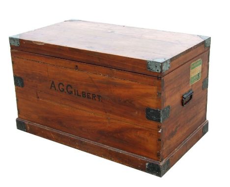 A metal bound cedar wood travel trunk with Holland and Afrika luggage labels, 99cms wide.