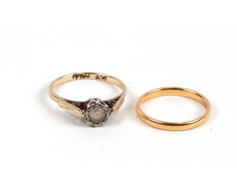 A 22ct gold wedding band, approx UK size 'J ';(weight 1.8g); together with a 9ct gold dress ring, approx UK size 'M' (weight 