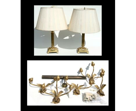 A pair of Georgian style brass four-branch table lamps, 65cms high; together with a set of four gilt metal twin-branch wall l