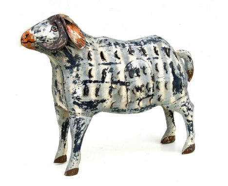 A large distressed painted metal sheep garden candle light. 64cm long