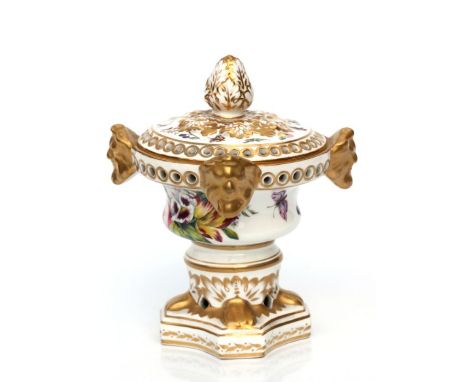 A 19th century Royal Crown Derby urn shaped pot pourri with gilt and floral decoration, 14cms high.Condition Reportthe finial