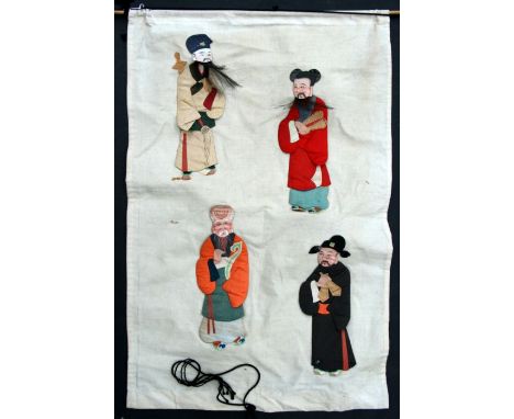 A Chinese textile panel depicting four wise men, constructed from paper, felt and silk, 47 by 72cms.
