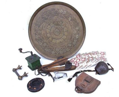 A Iznik type brass tray; together with a French style coffee grinder, a porcupine quill ashtray; door furniture and other ite