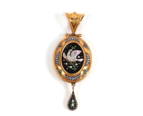 A 19th century Italian yellow metal (tests as gold) micromosaic pendant, the oval panel decorated with a dove, overall 6cms h