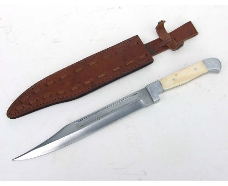 A large Bowie Knife with bone handle in its leather scabbard. Blade length 26cms (10.25ins) with an overall length of 40.5cms