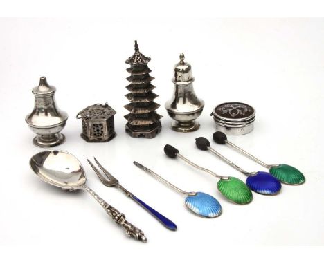 A Victorian silver caddy spoon, London 1869; together with a Chinese silver pagoda pepper pot; a pique pill box and other sil