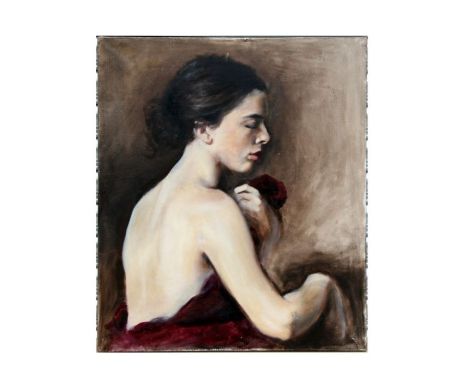 20th century British school - a head and shoulder portrait depicting a young lady in profile, oil on canvas, unframed, 60 by 