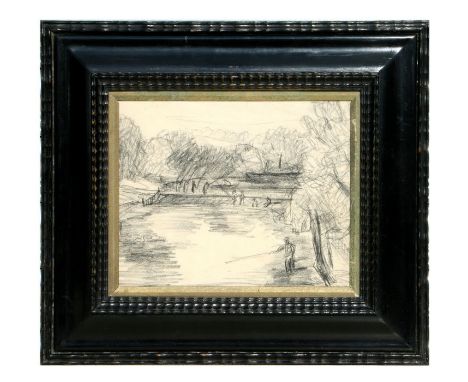 Josef Herman - An Angling Scene - pencil sketch, framed &amp; glazed, 25 by 20cms.